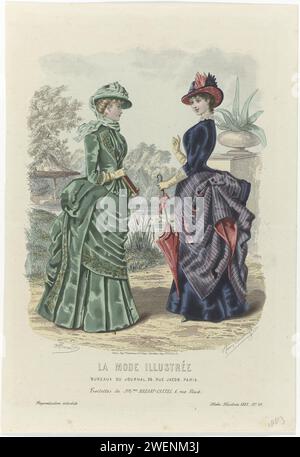 Moda illustrata, 1883, No. 42: Bagni di Mme Bréant-Castel (...), 1883 due donne in uno stagno, in abiti con un giro di Bréant-Castel. Stampa dalla rivista di moda la Mode Illustrée (1860-1937). lastre di moda per incisioni in carta. copricapo: cappello (+ abiti da donna). abito, abito (+ abiti da donna). guanti, guanti, ecc. (+ vestiti da donna). velo (+ abiti da donna). abbigliamento per la parte superiore del corpo (+ abiti da donna). gonna (+ abiti da donna). bracciale, pochette da polso (+ abiti da donna). laghetto con giardino Foto Stock