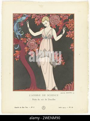 Gazette du Bon tone 1914, N. 8, PL. 80: L'Arbre de Science/Dress du Soir de Doeuillet, 1914 Evening Japon da Doeuillet. La donna sta per albero con foglie in toni rossi; c'è un uccello con lunghe molle di coda su un ramo. Planche 80 dalla Gazette du Bon Ton Août 1914, n. 8. carta letterpress stampa di piatti di moda. abito, abito: abito da sera (+ abiti da donna). bracciale, pochette da polso (+ abiti da donna). uccelli. alberi favolosi Foto Stock