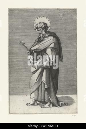 Apostel Filippus incontrò Kruis, Marcantonio Raimondi, dopo Rafaël, 1517 - 1527 carta stampata che incide l'apostolo Filippo; possibili attributi: Libro, croce, piatto con serpente, lancia, rotolo, pietra, spada Foto Stock