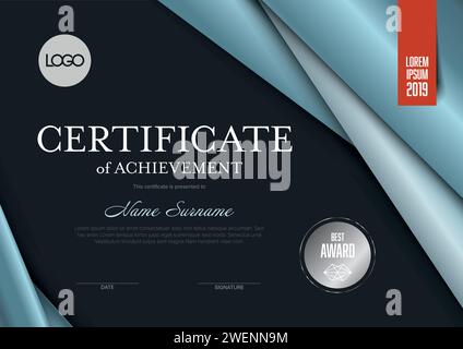 Questo elegante modello di certificato di successo presenta un design moderno con una combinazione di colori nero e blu e un sigillo premio migliore, perfetto per i professionisti Illustrazione Vettoriale