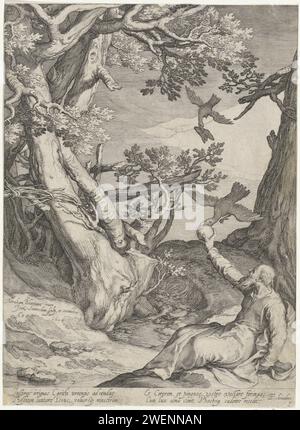 Elia è nutrita nella natura selvaggia dal Corvo, Jan Saenredam, dopo Abraham Bloemaert, stampa del 1604 il profeta Elia è sul terreno nella natura selvaggia. Due corvi vengono a portargli del cibo. La stampa ha un testo latino nel margine inferiore. Incisione di carta Elia alimentata dal corvo: Mentre il profeta vive vicino al ruscello, i corvi gli portano cibo Foto Stock