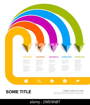 Le frecce vibranti formano un'infografica arcobaleno con segnaposto per il testo. La grafica presenta lo spazio per un titolo e i sottotitoli. Informazioni semplici multiuso Illustrazione Vettoriale