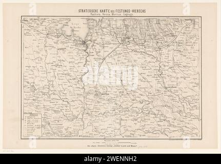 Mappa del campo di battaglia nel Nord Italia, 1866, J.F. Schreiber, 1866 Stampa Mappa del campo di battaglia nel Nord Italia, intorno alle città di Pescara, Verona, Mantova e Legnago. All'epoca della guerra austro-prussiana del 1866. Cartine cartacee di paesi o regioni diversi in Italia Foto Stock