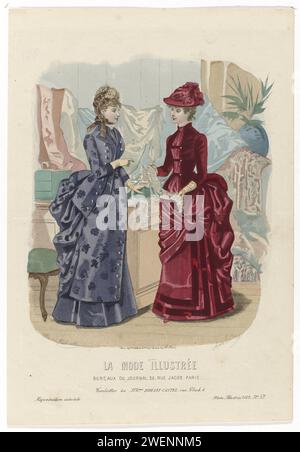 Illustrated Fashion, 1883, No. 52: Bagni di Mme Bréant-Castel (...), 1883 due donne in un negozio di merceria o di tessuti. Secondo la didascalia: Gruppi da Bréant-Castel. Stampa dalla rivista di moda la Mode Illustrée (1860-1937). lastre di moda per incisioni in carta. abito, abito (+ abiti da donna). copricapo: cappello (+ abiti da donna). abbigliamento per la parte superiore del corpo (+ abiti da donna). gonna (+ abiti da donna). materiali  industria tessile. negozio, negozio Foto Stock