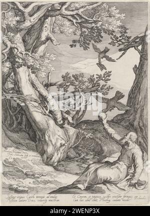 Elia è nutrita nella natura selvaggia dal Corvo, Jan Saenredam, dopo Abraham Bloemaert, stampa del 1604 il profeta Elia è sul terreno nella natura selvaggia. Due corvi vengono a portargli del cibo. La stampa ha un testo latino nel margine inferiore. Incisione di carta Elia alimentata dal corvo: Mentre il profeta vive vicino al ruscello, i corvi gli portano cibo Foto Stock