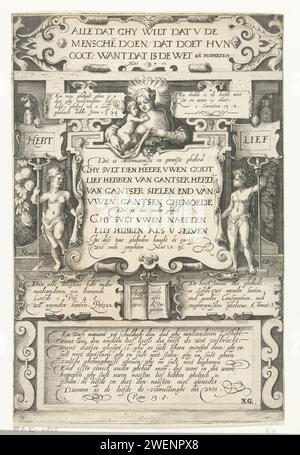 Amore reciproco, Gillis van Breen, dopo Karel van Mander (i), 1597 - 1601 stampa devozione con Maria con bambino e cartigli con diversi versi biblici sulla carità e l'amore divino. Bibbia per incisioni di carta. Madonna: Cioè Maria con il Cristo bambino Foto Stock