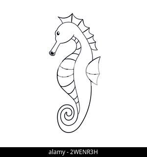 Logo Seahorse in stile line art. La piccola creatura marina rappresenta l'icona della vita marina. Illustrazione vettoriale isolata su sfondo bianco. Illustrazione Vettoriale