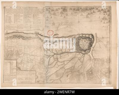 Assedio di Ostenda, 1706, Jacobus Harrewijn, 1707 stampa mappa dell'assedio di Ostenda da parte degli Alleati al comando di Hendrik van Nassau, signore di Ouwerkerk, assediato dal 17 giugno, preso il 6 luglio 1706. In alto a sinistra un cartiglio intitolato e la leggenda 1-57 in francese. In basso a sinistra un cartiglio con una lista dei reggimenti che parteciparono all'assedio con in cima all'arma di Hendrik van Nassau, signore di Ouwekerk e sotto una ciotola: Eschelle de 300 Toises. mappe di incisione cartacea di paesi o regioni diversi. Assedio, posizione guerra Ostenda Foto Stock