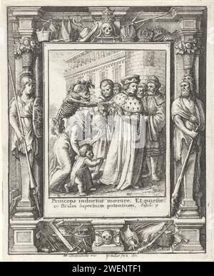 De Hertog and Death, Wenceslaus Hollar, dopo Abraham van Diepenbeeck, dopo Hans Holbein (II), stampa del 1651 Una donna viene con suo figlio al Duca. Il duca la rifiuta; la morte con corona floreale sulla sua testa è accanto a lui. Decima stampa di una serie di 30 stampe morte; con una cornice con Minerva ed Ercole. Carta incisione danza di morte; morte insieme a uno o più esseri umani. (Storia di) Ercole (Eracle). (Storia di) Minerva (Pallas, Atena). imperatore Foto Stock