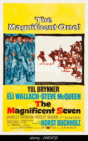 Uscita teatrale poster di un foglio per il western del 1960 The Magnificent Seven, un remake del film giapponese del 1954 Seven Samurai. Yul Brynner, Steve McQueen, Charles Bronson, Robert Vaughn. Foto Stock