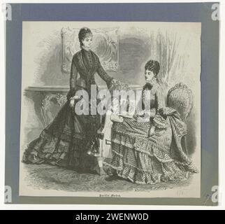 Pariser Moden, 1876, 1876 due donne e una ragazza in un interno. La donna con il vestito a righe mostra alla ragazza un'immagine o una stampa con figure. vestito di carta, abito (+ abiti da donna). gonna (+ abiti da donna). abbigliamento per la parte superiore del corpo (+ abiti da donna). piatti alla moda. bracciale, pochette da polso (+ abiti da donna). stivali (+ vestiti per bambina/ragazza). abito, abito (+ vestiti per bambina/ragazza). orecchini (+ vestiti da donna). immagine all'interno dell'immagine. foglio singolo stampato: foglio largo, opuscolo Foto Stock