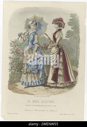 Illustrated Fashion, 1883, No. 28: Toilets of Mme Coussinet (...), 1883 due donne in abiti con un tour di Coussinet. Stampa dalla rivista di moda la Mode Illustrée (1860-1937). lastre di moda per incisioni in carta. copricapo: cappello (+ abiti da donna). abito, abito (+ abiti da donna). guanti, guanti, ecc. (+ vestiti da donna). fan (+ vestiti da donna). fiori recisi; nosegay, mazzo di fiori. bracciale, pochette da polso (+ abiti da donna). scarpe, sandali (+ abiti da donna) Foto Stock