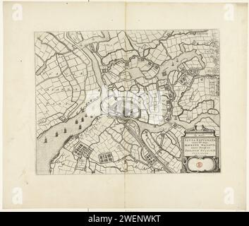 Assedio di Sluis da parte dell'Esercito di Stato sotto Maurits, 1604, 1647 - 1649 stampa assedio di Sluis da parte dell'Esercito di Stato sotto Maurits, inizio maggio - 19 agosto 1604. Mappa di Sluis e dell'area circostante tra Cadzand e Aardenburg con i quartieri delle truppe assedianti. In basso a destra un cartiglio con il titolo in latino. Su un doppio foglio tratto dal libro cittadino di Blaeu, stampato sul retro con testo in olandese. mappe di incisione cartacea di paesi o regioni diversi. Assedio, posizione War Lock Foto Stock