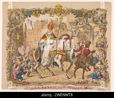 Arrivo di Sint Nicolaas, Anonimo, B.C. Albek, in o prima del 1856 - c. 1871 stampa Foglia con una grande rappresentazione di Sint Nicolaas a cavallo, che distribuisce caramelle ai buoni bambini per strada. Zwarte Piet su un mulo malvagio, con uova in mano, sembra arrabbiato per i bambini cattivi. Sullo sfondo una strada con edifici per la vendita al dettaglio. Lo spettacolo è circondato da un elenco di foglie, frutti e piccole scene. Al centro dello stemma della città di Amsterdam. Festeggiamenti di carta a St. Nicholas (Eve) (5 dicembre). Il vescovo Nicola di Myra (o Bari); possibili attributi: Ancora, barca, tre Foto Stock