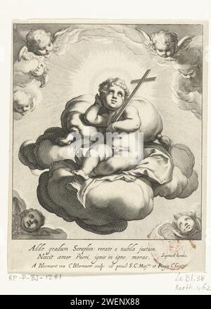 Christkind nelle nuvole, Cornelis Bloemaert (II), dopo Abraham Bloemaert, c. 1630 - c. 1633 stampa il bambino di Cristo è sulle nuvole, circondato da cherubini, e puntando gli occhi verso la croce che indossa nella mano sinistra. Incisione di carta Cristo-bambino (con attributi) Foto Stock