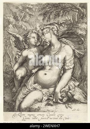 Venere en Amor, anonimo, dopo Jan Saenredam, dopo Hendrick Goltzius, 1631 stampa Venere seduto da un albero in un paesaggio montuoso. Oltre a lei, Amor è apparso con la sua freccia e l'arco e le ha accarezzato il mento. A destra in primo piano due piccioni. Incisione su carta Venere e Cupido (Cupido non è un semplice attributo). montagne. amanti; corteggiamento, flirtare. altri uccelli: colomba (+ animali utilizzati simbolicamente) Foto Stock