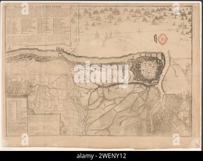 Assedio di Ostenda, 1706, Jacobus Harrewijn, 1707 stampa mappa dell'assedio di Ostenda da parte degli Alleati al comando di Hendrik van Nassau, signore di Ouwerkerk, assediato dal 17 giugno, preso il 6 luglio 1706. In alto a sinistra un cartiglio intitolato e la leggenda 1-57 in francese. In basso a sinistra un cartiglio con una lista dei reggimenti che parteciparono all'assedio con in cima all'arma di Hendrik van Nassau, signore di Ouwekerk e sotto una ciotola: Eschelle de 300 Toises. mappe di incisione cartacea di paesi o regioni diversi. Assedio, posizione guerra Ostenda Foto Stock