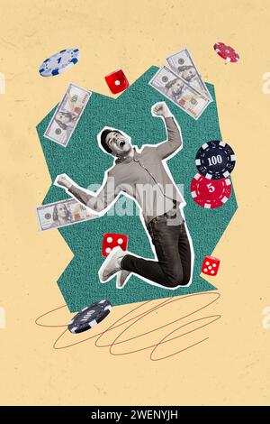 Collage verticale poster creativo effetto monocromatico entusiasta felice giovane di successo salta in alto vincitore vincitrice jackpot Money sketch Foto Stock