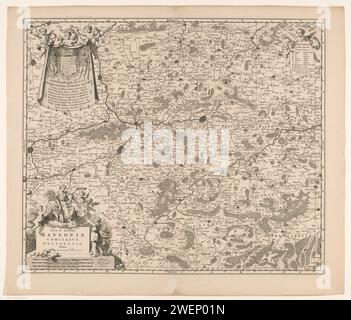 Mappa di Hainaut, Johannes de Broen (i), 1675 - 1694 Stampa mappa di Hainaut. In basso a sinistra il titolo cartouche con tre bastoncini in scala in basso: 3 milliaria Germanica Communia 15 uni Gradui / 5 milliaria Hannonica Communia 24 uni Gradui / 6 milliaria Gallica Communia 30 uni Gradui. Al cartiglio diversi simboli di fertilità e un putto con lo stemma di Hainaut. In alto a sinistra un cartiglio con l'incarico e l'arma di Ferdinand Francois Joseph de Croy. In alto a destra una leggenda. La mappa è dotata di una rete di coordinate e di una distribuzione in gradi lungo i bordi. carta eng Foto Stock