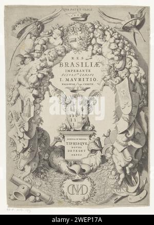 Stemma del Brasile in cornice con l'arma e il monogramma di Johan Maurits Graaf van Nassau-Siegen, Jan van Broesterhuyzen (possibile), 1647 stampare lo stemma del Brasile con una cornice di frutta e verdura, stemmi e putti tutto intorno. In alto lo stemma di Johan Maurits, conte di Nassau-Siegen, in basso ci sono monogrammi. supporto araldico per incisione/incisione su carta, araldica. ornamenti  arte (+ decorazioni incorniciate) Foto Stock