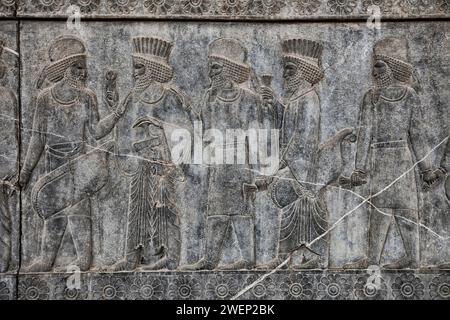 Il rilievo che adorna la grande scalinata del Palazzo Apadana raffigura i delegati che visitano il grande Re di Persia. Persepoli, Iran. Foto Stock