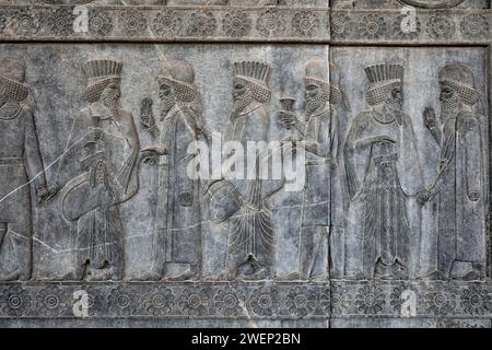 Il rilievo che adorna la grande scalinata del Palazzo Apadana raffigura i delegati che visitano il grande Re di Persia. Persepoli, Iran. Foto Stock