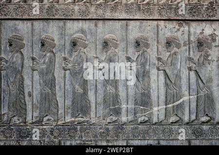 Il bassorilievo sulla grande scalinata del Palazzo Apadana raffigura i membri dei diecimila Immortali, esercito speciale dell'antica Persia. Persepoli, Iran. Foto Stock