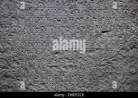 Iscrizioni cuneiformi su una pietra esposta nel Museo di Persepoli, Iran. Foto Stock