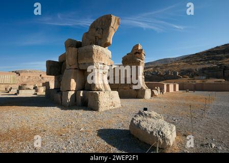 Enormi tori di pietra della porta incompiuta (detta anche porta dell'esercito) a Persepoli, capitale cerimoniale dell'Impero achemenide (550–330 a.C.), Iran. Foto Stock