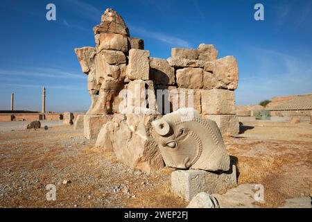 Enormi tori di pietra della porta incompiuta (detta anche porta dell'esercito) a Persepoli, capitale cerimoniale dell'Impero achemenide (550–330 a.C.), Iran. Foto Stock