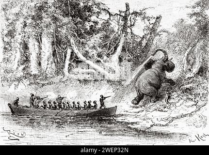 Membri della spedizione che attaccarono un elefante nel fiume Ituri. Africa. Emin Pasha Relief Expedition 1886-1889 di Henry Morton Stanley (1841 - 1904) incisione del vecchio XIX secolo da le Tour du Monde 1890 Foto Stock