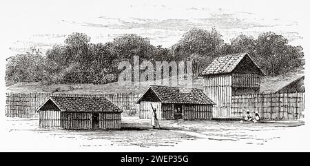 Palisades di Camp Fort Bodo. Africa. Emin Pasha Relief Expedition 1886-1889 di Henry Morton Stanley (1841 - 1904) incisione del vecchio XIX secolo da le Tour du Monde 1890 Foto Stock