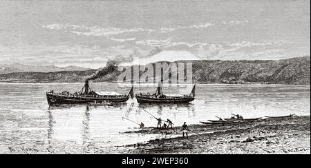 Piroscafo Khedive e Nyanza. Africa. Emin Pasha Relief Expedition 1886-1889 di Henry Morton Stanley (1841 - 1904) incisione del vecchio XIX secolo da le Tour du Monde 1890 Foto Stock
