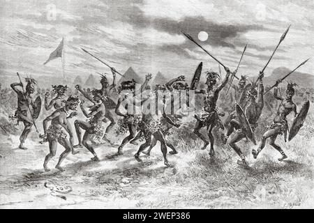 Festeggiamenti a Kavalli. Africa. Emin Pasha Relief Expedition 1886-1889 di Henry Morton Stanley (1841 - 1904) incisione del vecchio XIX secolo da le Tour du Monde 1890 Foto Stock