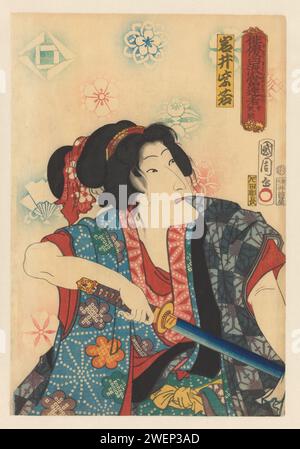 Onna Kansuke disegna la spada mentre tira la manica del kimono con i denti, Toyohara Kunichika, stampa 1864 Bandiet Onna Kansuke tira la sua spada mentre tira i denti la manica del suo kimono. Onna Kansuke (Onna significa "donna") era noto per il suo aspetto femminile, con il quale poteva ingannare molti nemici. Onna Kansuke è interpretato qui dall'attore Kabuki Iwai Shijaku II ritratto in legno a colori di carta di attore, attrice. armi di hacking e di thrusting: spada Foto Stock