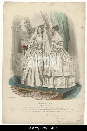 Le Bon tone, Journal des Modes, 1845, dodicesimo anno, 2° volo, 1.ere liv. N. 1: Acconciature Brussin (...), 1845 due donne vestite di abiti da sposa, in piedi in una chiesa. Secondo la didascalia: "Coiffures" di Broussin, allievo di "Mariton Ainé". "Toilette" da Saintamand e Chapel. Sotto alcune righe di testo pubblicitario per prodotti diversi. Stampa dalla rivista di moda le Bon Ton (1834-1884). lastre di moda per incisioni in carta. abito, abito (+ abiti da donna). Guanti, guanti (GUANTI CORTI) (+ abiti da donna). velo (+ abiti da donna). sposa (in abito da sposa). fazzoletto (+ clo delle donne Foto Stock