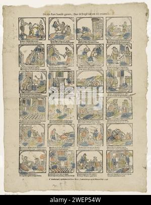 Questi sono strani Snaakse Guuren, poiché i giovani non saranno truuren, 1738 - 1767 fogli stampati con 24 spettacoli di diverse figure e attività, come Rubbert Janse che balla con il suo Trijn, e Jan che nutre i maiali. Sotto ogni immagine un verso bidirezionale. stampa tipografica di carta danzante. fornitura di acqua, alimentazione (bovini) Foto Stock