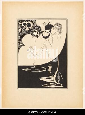 The Climax, Aubrey Beardsley, 1893 - 1906 stampa Salomé con la testa tagliata di Giovanni Battista, che lei ha appena baciato. Il sangue che fuoriesce dalla testa alimenta un giglio che fiorisce in una piscina. Cerchi concentrici di molle pavone sullo sfondo. Illustrazione per una pubblicazione della commedia Salomé van Oscar Wilde, pubblicata per la prima volta nel 1893. A Paper Salome viene affidata la testa di Giovanni Battista dal carnefice Foto Stock