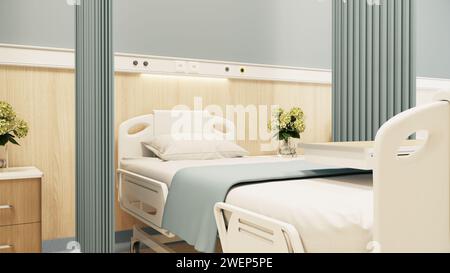 Stanza moderna ed estetica del paziente dell'ospedale, clinica privata luogo confortevole di recupero per il trattamento del paziente. Interno del reparto ospedaliero. Foto Stock