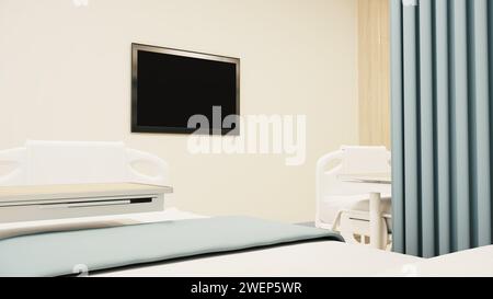 Stanza moderna ed estetica del paziente dell'ospedale, clinica privata luogo confortevole di recupero per il trattamento del paziente. Interno del reparto ospedaliero. Foto Stock