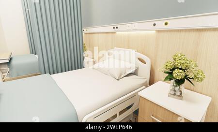 Stanza moderna ed estetica del paziente dell'ospedale, clinica privata luogo confortevole di recupero per il trattamento del paziente. Interno del reparto ospedaliero. Foto Stock