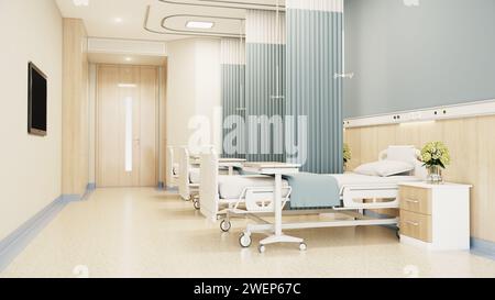 Stanza moderna ed estetica del paziente dell'ospedale, clinica privata luogo confortevole di recupero per il trattamento del paziente. Interno del reparto ospedaliero. Foto Stock