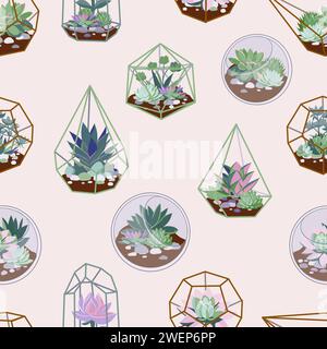 Simpatico motivo estivo senza cuciture con cactus. Colori pastello graziosi e tenui. Schema con diversi cactusi e succulenti in una bella pentola. Pas alla moda Illustrazione Vettoriale