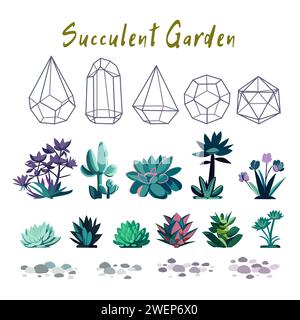 Set di splendidi florarium in stile cartone animato. Illustrazione vettoriale di un florario di vetro di varie forme geometriche con succulenti e cactus, aloe ver Illustrazione Vettoriale