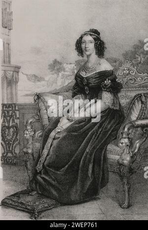 Maria Anna di Baviera (1805-1877). Regina consorte di Sassonia (1836-1854) dal suo matrimonio con il re Federico Augusto II di Sassonia (1797-1854). Ritratto. Disegno di I. Brochelon. Litografia di J.J. Martinez. "Reyes Contemporáneos" (re contemporanei). Volume II Pubblicato a Madrid, 1852. Foto Stock