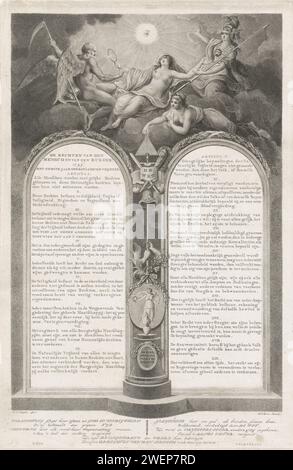 I diritti umani, annunciati il 31 gennaio 1795 a l'Aia, 1795 stampano i diritti dell'uomo e del cittadino in 19 articoli, testo in due colonne, presentati come i dieci comandamenti sulle "tabelle della legge". In cima al centro, l'occhio che si vede. Sotto l'illuminazione (centrale) che irradiava il tempo grigio (a sinistra) con luce e Minerva (a destra). In fondo a un verso di dieci righe. Questi diritti sono stati annunciati il 21 gennaio a l'Aia dai rappresentanti provvisori. Carta che incide l'occhio onnivisibile, triangolo con occhio  simbolo di Dio padre. Padre tempo, uomo con ali e falce Foto Stock