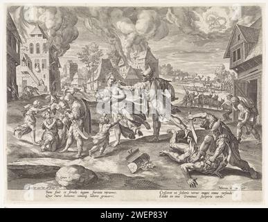 Corruzione e violenza sulla terra prima dell'alluvione, Johann Sadeler (i), dopo Maerten de Vos, stampa del 1586 in primo piano, uomini, donne e bambini vengono attaccati da soldati o rapinatori. Rubano i loro beni e danno fuoco alle loro case. Dio guarda dalle nuvole. La stampa ha una didascalia latina. carta che incide la malvagità dell'umanità; gli empi sono solitamente mostrati banchettando e divertendosi. Dio padre come vecchio barbuto, di solito con corona o tiara o scettro e/o globo Foto Stock
