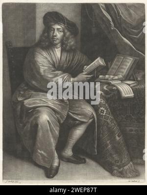 Ritratto di un uomo, forse Jacob de Rijck, Wallerant Vaillant, dopo Jan Verkolje (i), 1658 - 1677 stampa Un giovane, forse il pittore Jacob De Rijck, è seduto a un tavolo e ha un libro in mano. Libri di musica e utensili da scrittura sono sul tavolo. ritratto cartaceo, autoritratto del pittore. edizione stampata della partitura musicale. libro Foto Stock