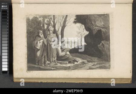 Tre filosofi in un paesaggio montuoso, 1660 stampa a sinistra un vecchio con un passante e una foglia voluta. Accanto a lui un uomo con turbante. A terra c'è un uomo con un passante e una piazza. Guarda una caverna. Questa stampa fa parte di un album. gruppo di studiosi o filosofi per incisione/incisione su carta. grotta, grotta Foto Stock