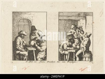 Due scene in locanda: L'uomo guarda in brocca vuota, due uomini guardano e due fumatori e bevitore in locanda, anonimo, dopo Adriaen van Ostade, 1662 - 1694 stampa due scene in locanda: L'uomo guarda in brocca vuota, due uomini guardano e due fumatori e bevitore in locanda. Due copie delle stampe di Adriaen van Ostade sono state fuse su una locanda di incisione di carta, una caffetteria, una casa pubblica, ecc... beviamo. pipa  tabacco Foto Stock